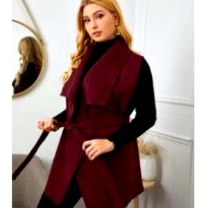 SHIEN Plus Waterfall Collar Belted Vest Coat In Burgundy
Size:1XL
